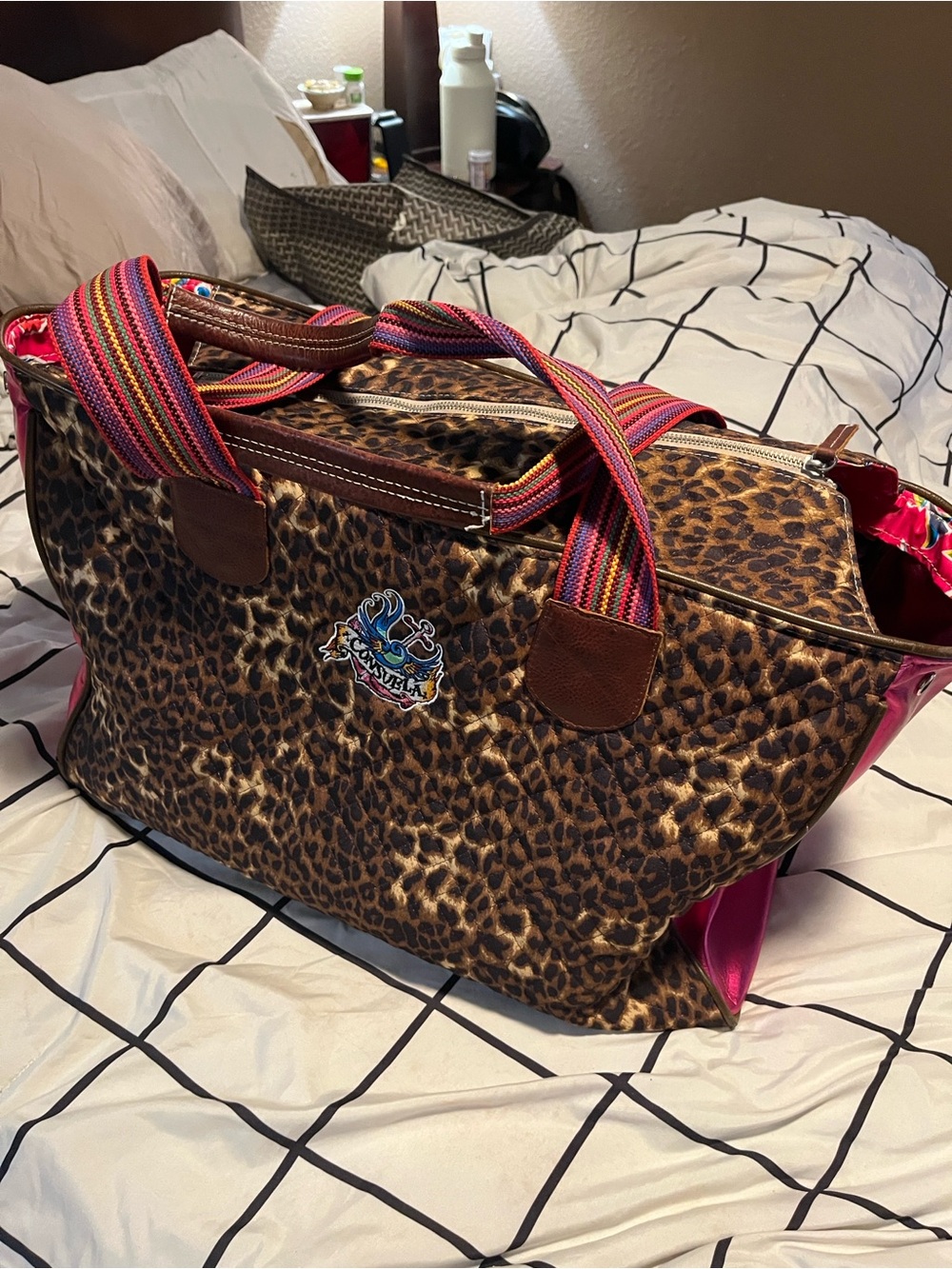 Consuela Leopard max tote Print Travel Bag with Pink Sides and Multicolor Straps